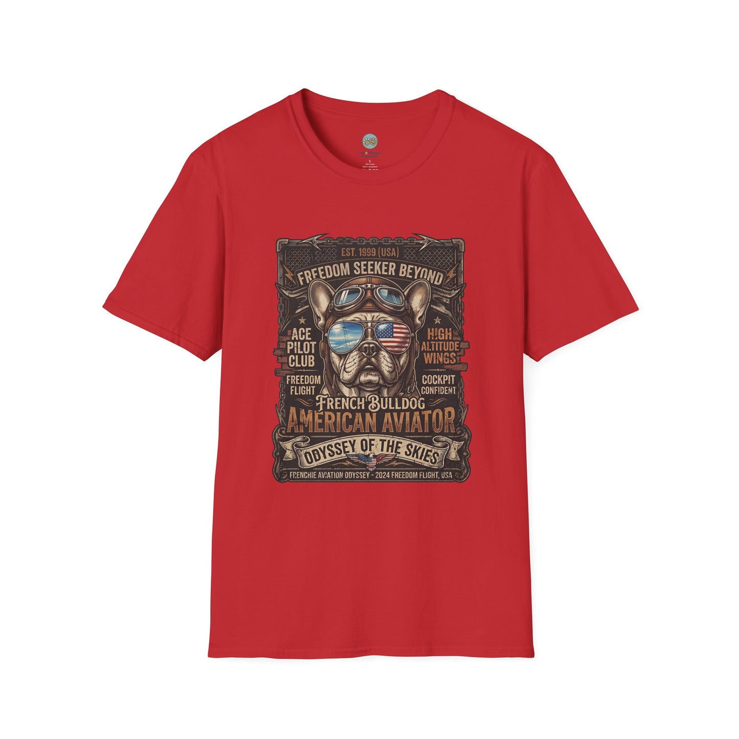 Vintage Aviator Frenchie T-Shirt | Freedom French Bulldog Pilot with Goggles | Gildan Softstyle 64000 Premium Tee