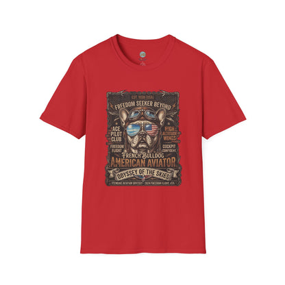 Vintage Aviator Frenchie T-Shirt | Freedom French Bulldog Pilot with Goggles | Gildan Softstyle 64000 Premium Tee