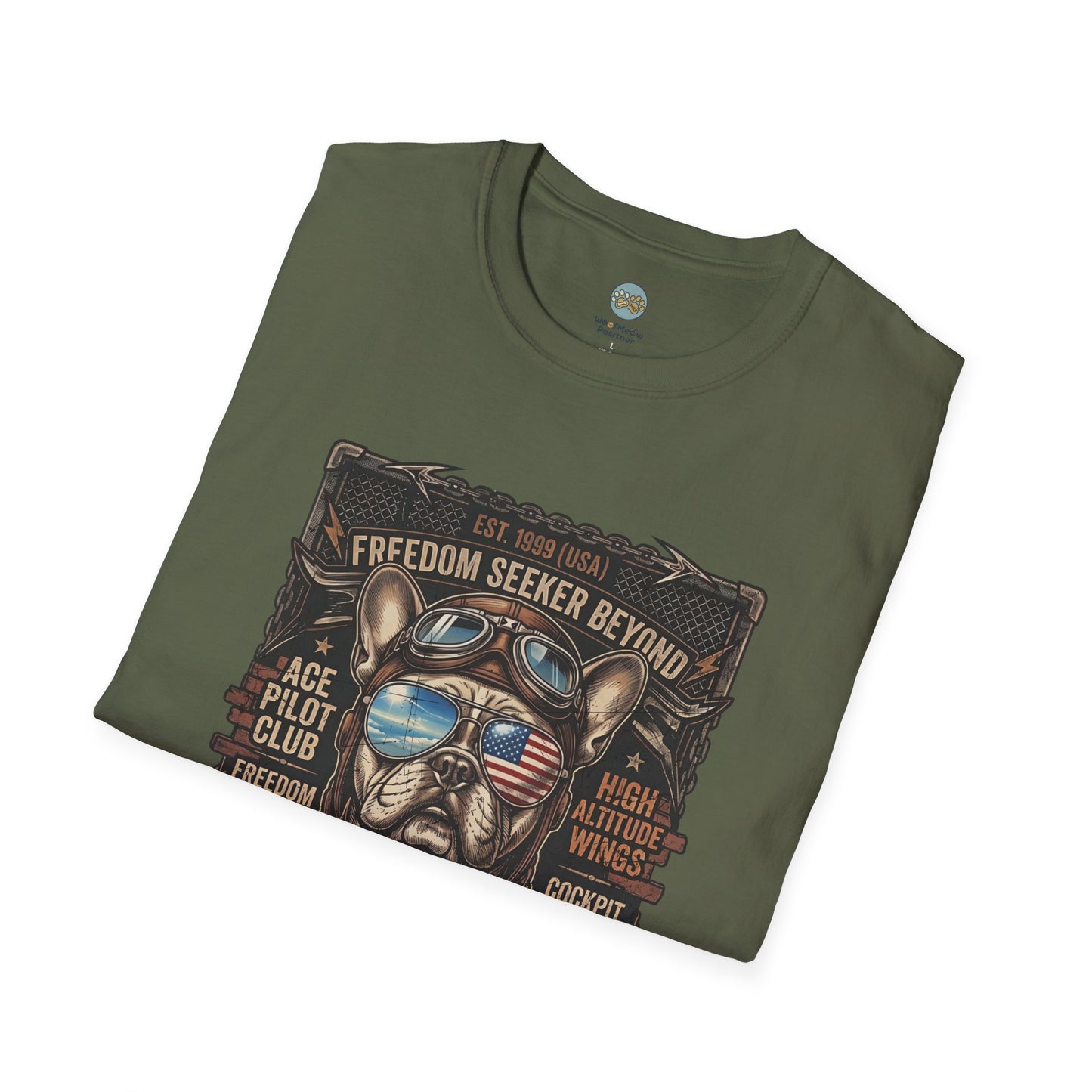 Vintage Aviator Frenchie T-Shirt | Freedom French Bulldog Pilot with Goggles | Gildan Softstyle 64000 Premium Tee
