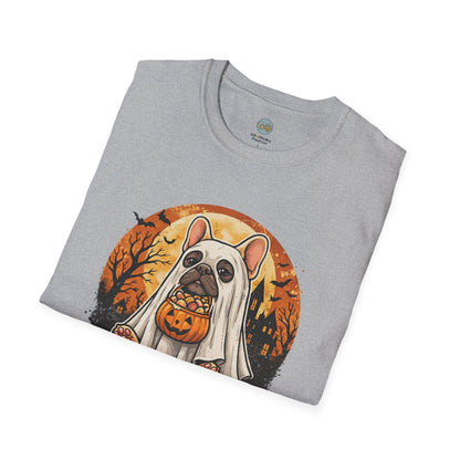 French Bulldog - Too Cute To Spook Halloween T-Shirt | Frenchie in Ghost Costume | Gildan Softstyle 64000 Premium Tee