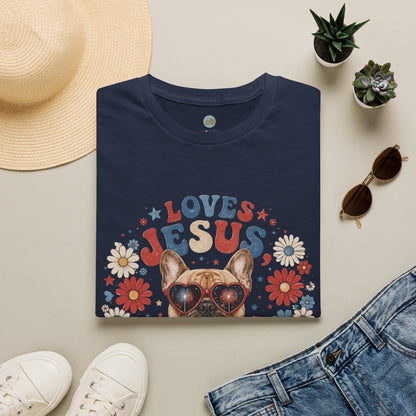 Loves Jesus America and Frenchie Too T-Shirt | French Bulldog Dog Mom Design | Gildan Softstyle 64000