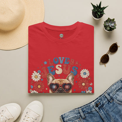 Loves Jesus America and Frenchie Too T-Shirt | French Bulldog Dog Mom Design | Gildan Softstyle 64000