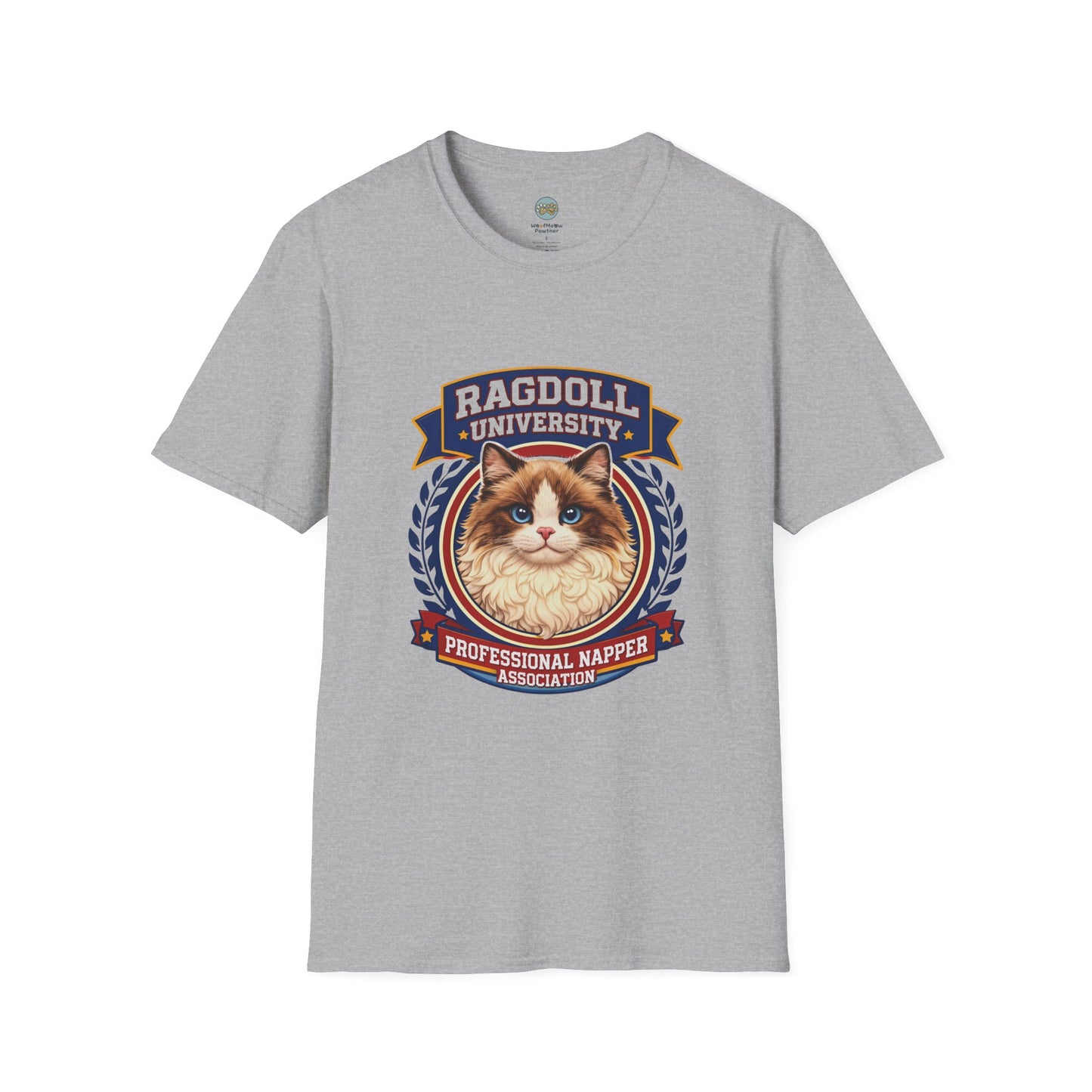 Ragdoll University T-Shirt | Vintage College Crest Style | Gildan Softstyle 64000 Premium Tee for Cat Moms and Dads
