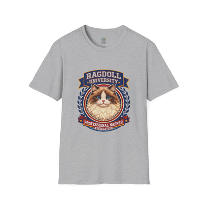 Ragdoll University T-Shirt | Vintage College Crest Style | Gildan Softstyle 64000 Premium Tee for Cat Moms and Dads
