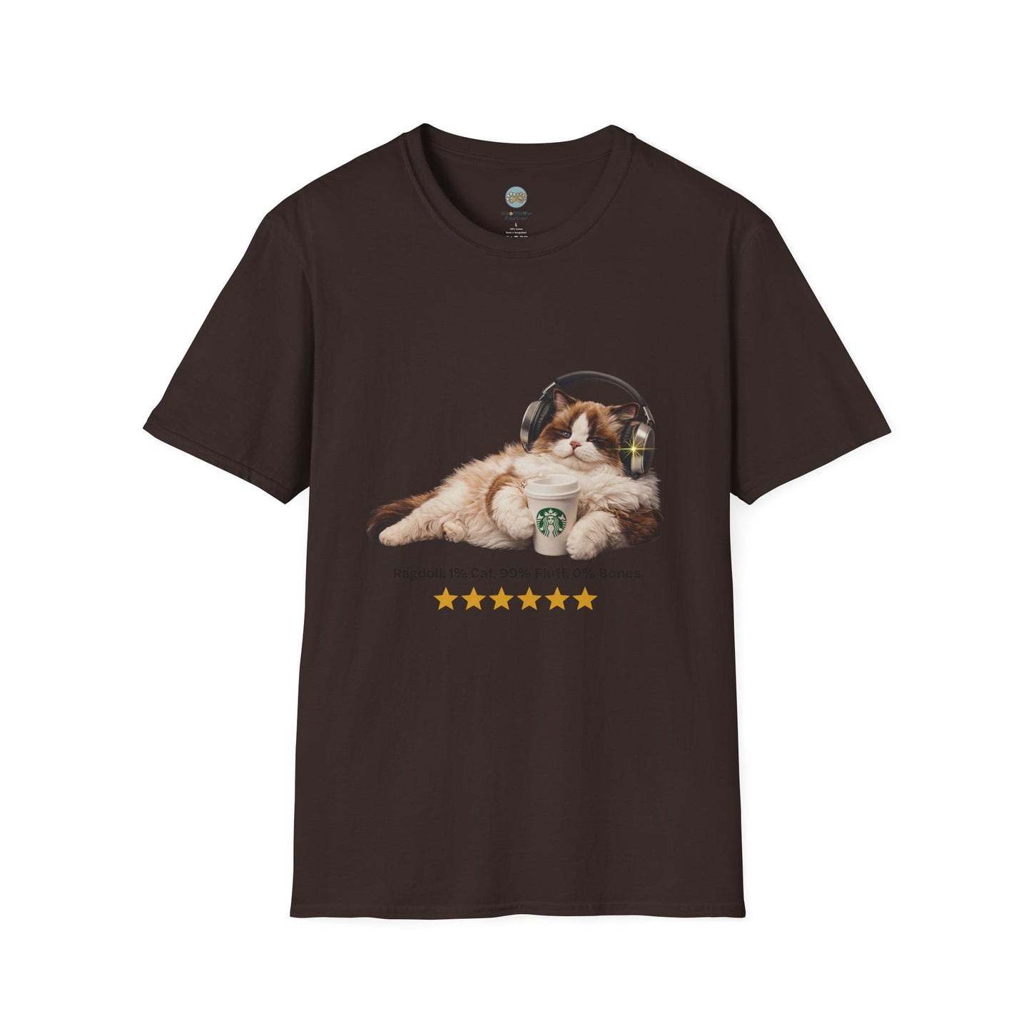 Cat Coffee Review T-Shirt — Relaxed Cat with Headphones & 5-Star Latte Tee | Gildan Softstyle 64000 Premium Tee