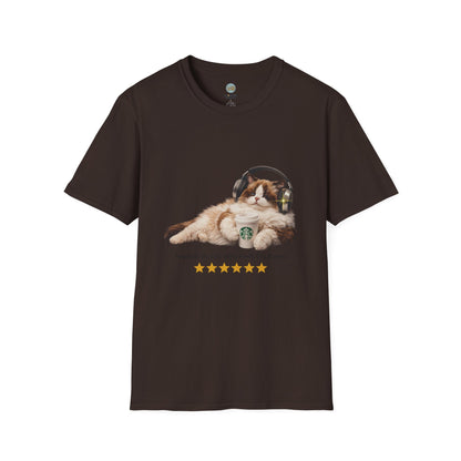 Cat Coffee Review T-Shirt — Relaxed Cat with Headphones & 5-Star Latte Tee | Gildan Softstyle 64000 Premium Tee