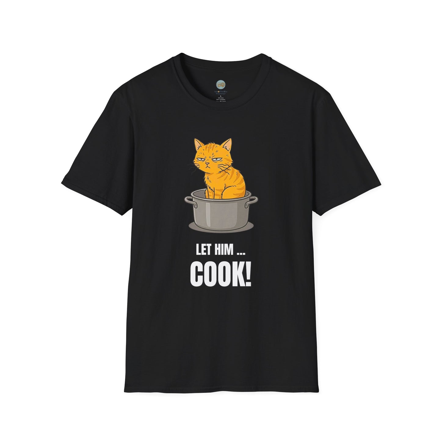 Let Him Cook Orange Cat T-Shirt | Funny Cat Sitting in Pot Meme Tee | Gildan Softstyle 64000
