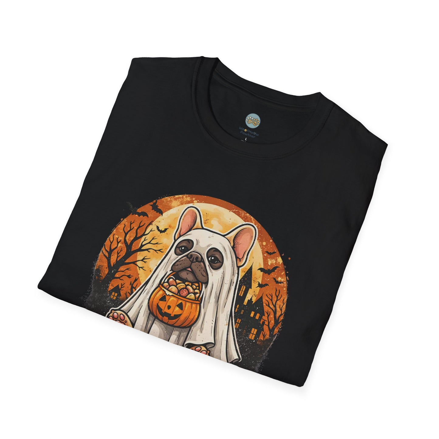 French Bulldog - Too Cute To Spook Halloween T-Shirt | Frenchie in Ghost Costume | Gildan Softstyle 64000 Premium Tee