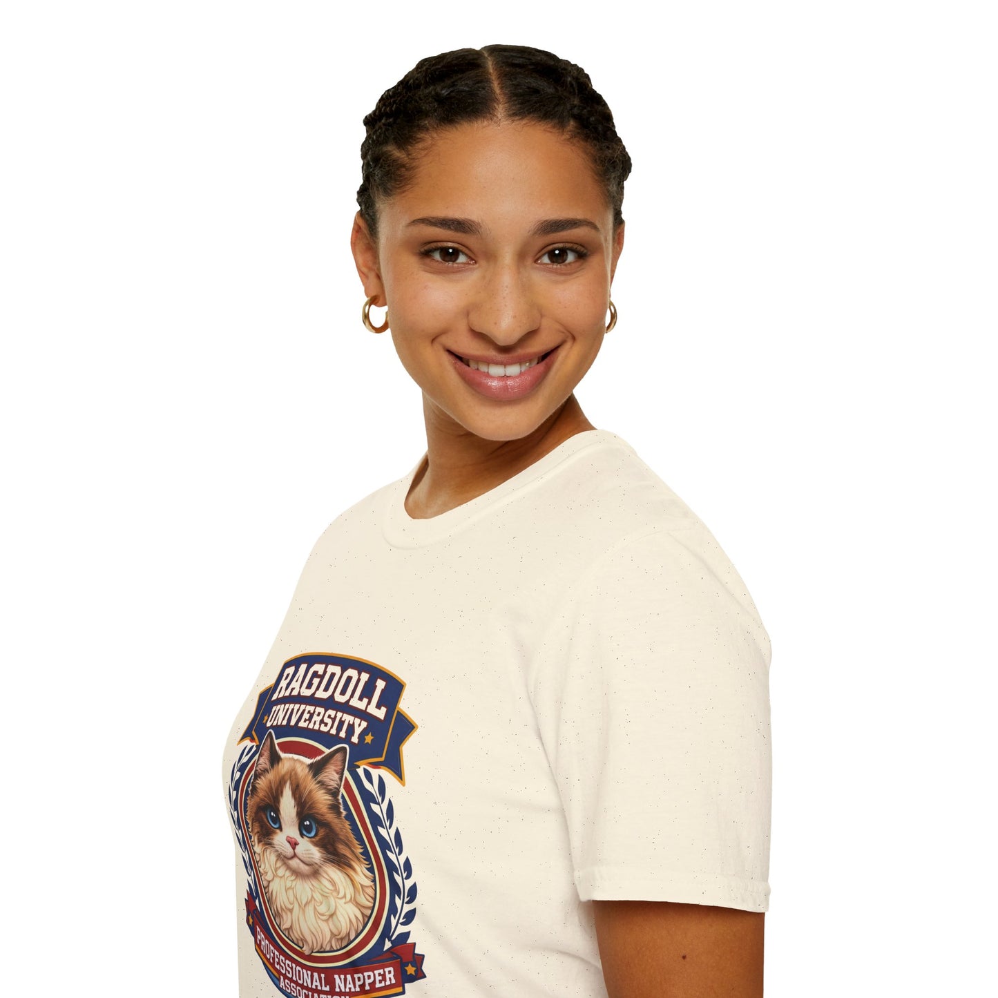 Ragdoll University T-Shirt | Vintage College Crest Style | Gildan Softstyle 64000 Premium Tee for Cat Moms and Dads