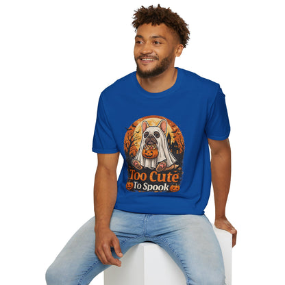 French Bulldog - Too Cute To Spook Halloween T-Shirt | Frenchie in Ghost Costume | Gildan Softstyle 64000 Premium Tee