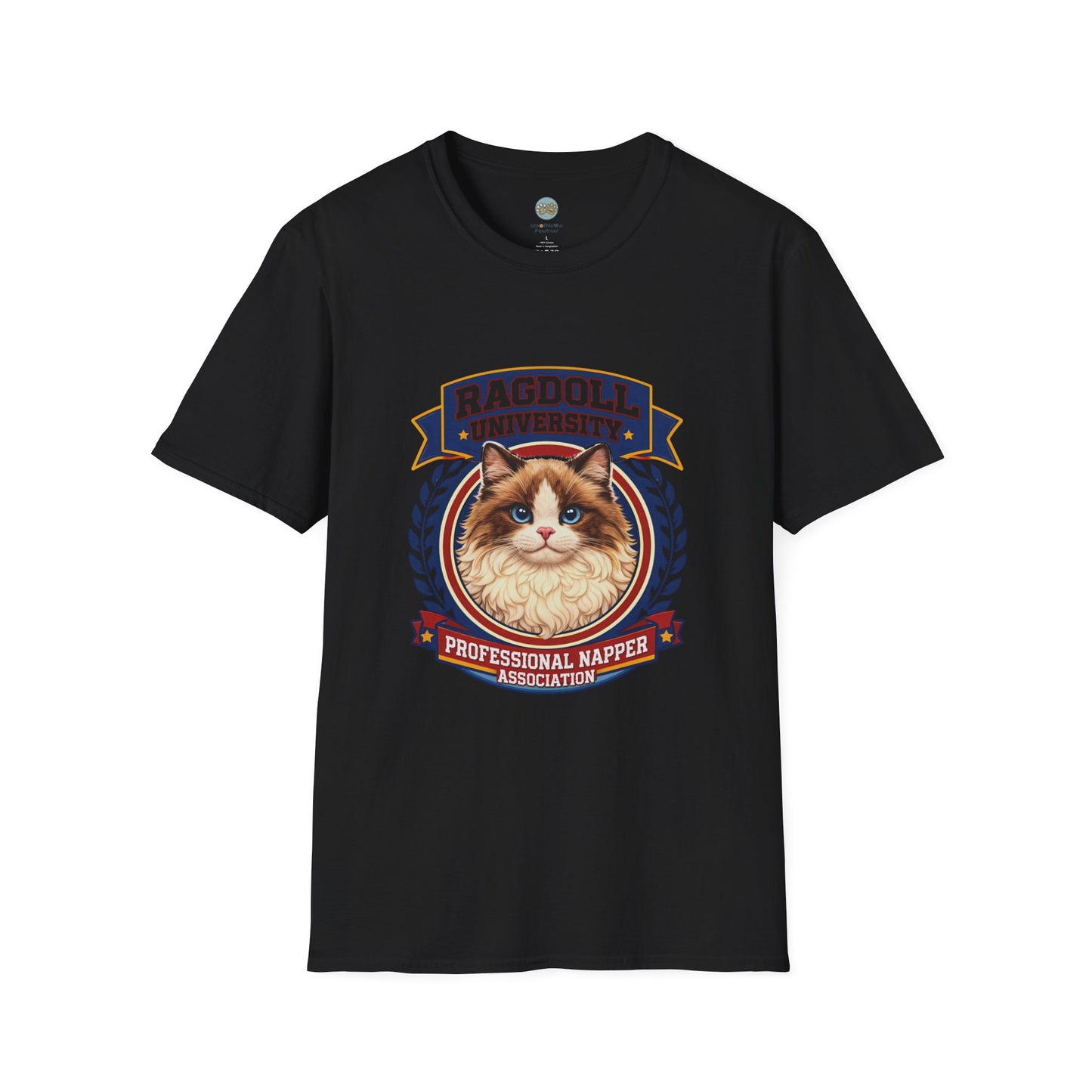 Ragdoll University T-Shirt | Vintage College Crest Style | Gildan Softstyle 64000 Premium Tee for Cat Moms and Dads