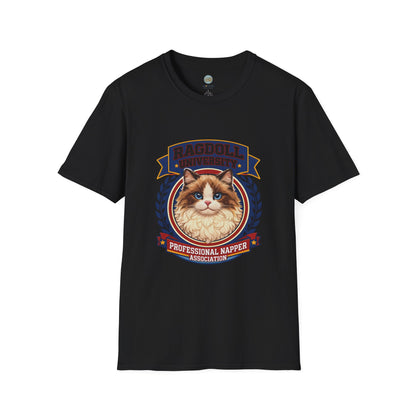 Ragdoll University T-Shirt | Vintage College Crest Style | Gildan Softstyle 64000 Premium Tee for Cat Moms and Dads