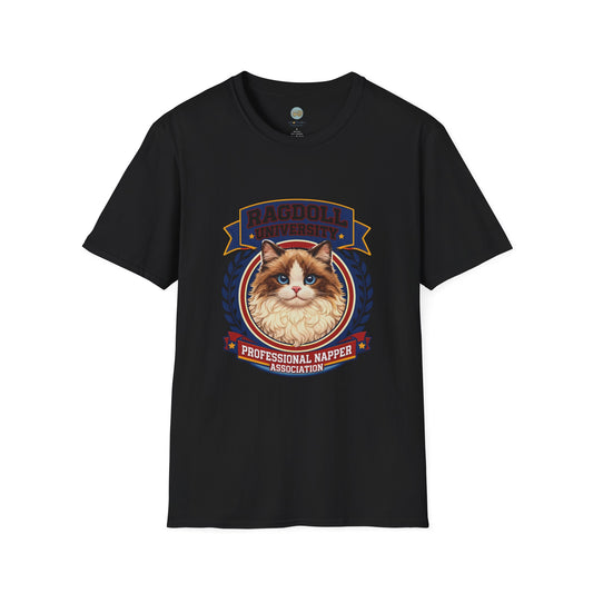 Ragdoll University T-Shirt | Vintage College Crest Style | Gildan Softstyle 64000 Premium Tee for Cat Moms and Dads