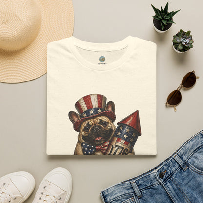 USA United States of Awesome 4th of July T-Shirt | Frenchie with 1776 Firework | Gildan Softstyle 64000