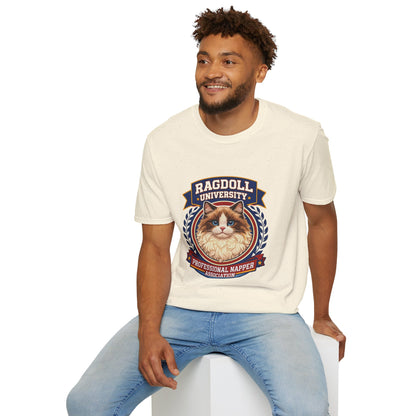 Ragdoll University T-Shirt | Vintage College Crest Style | Gildan Softstyle 64000 Premium Tee for Cat Moms and Dads