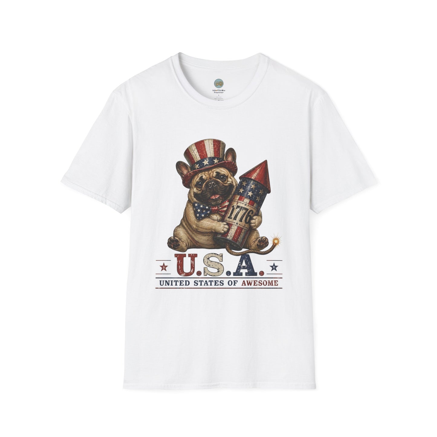 USA United States of Awesome 4th of July T-Shirt | Frenchie with 1776 Firework | Gildan Softstyle 64000