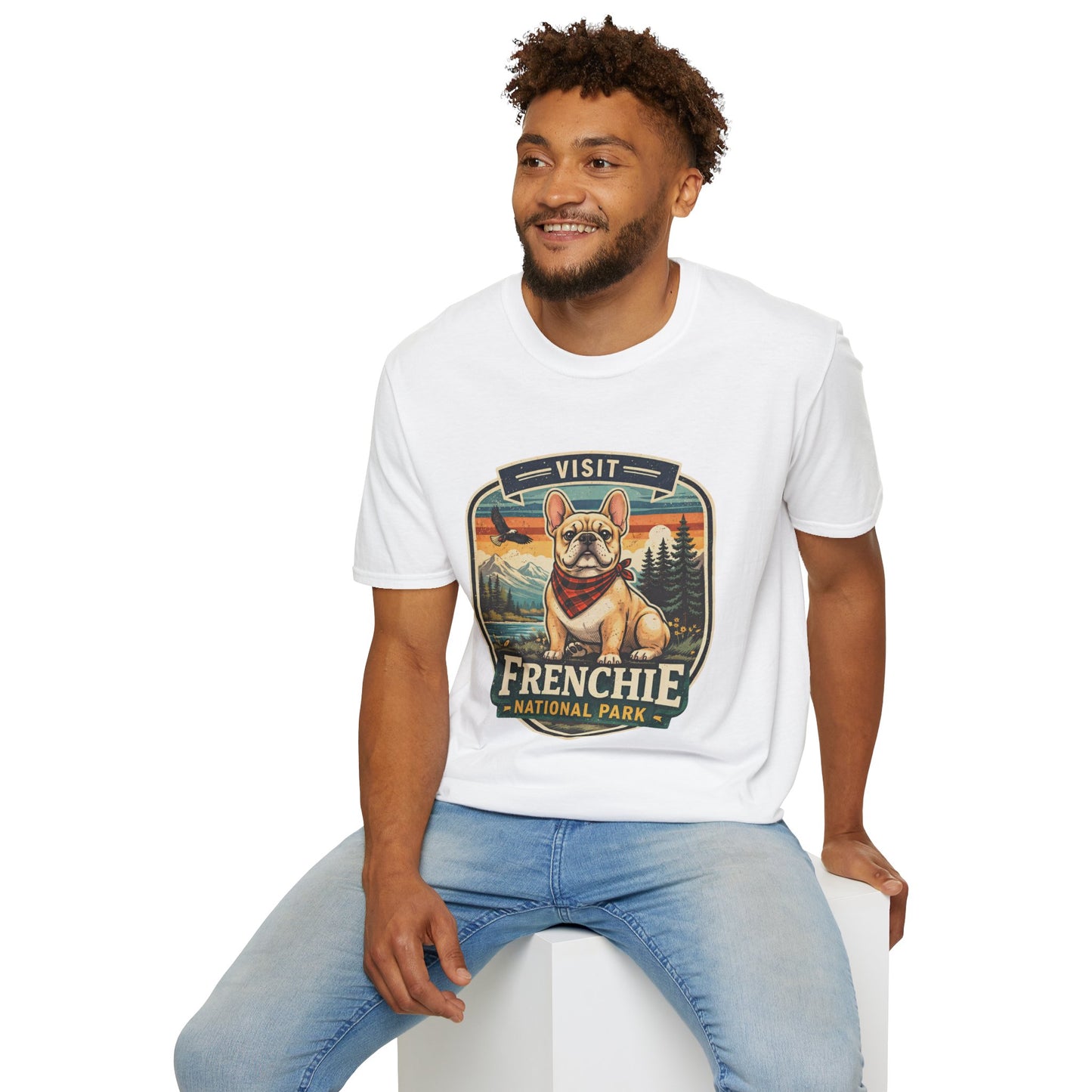 French Bulldog National Park T-Shirt | Vintage Badge Design with Mountains and Sunset for Dog Lovers | Gildan Softstyle 64000 Premium Tee