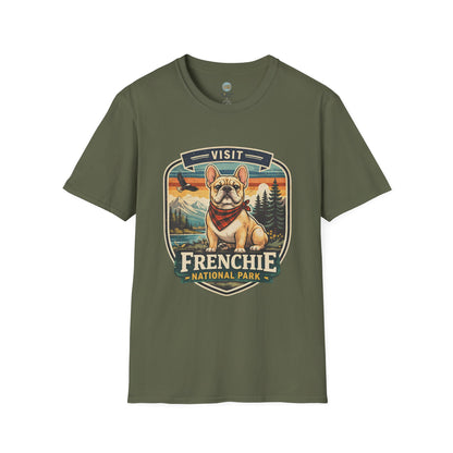 French Bulldog National Park T-Shirt | Vintage Badge Design with Mountains and Sunset for Dog Lovers | Gildan Softstyle 64000 Premium Tee