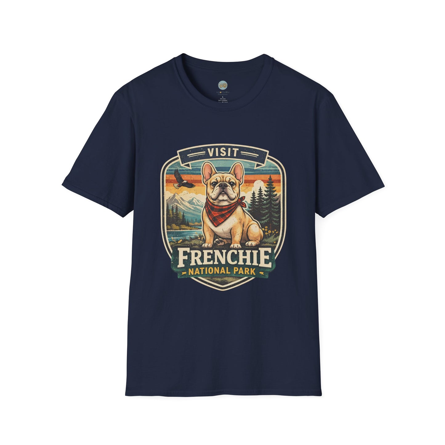 French Bulldog National Park T-Shirt | Vintage Badge Design with Mountains and Sunset for Dog Lovers | Gildan Softstyle 64000 Premium Tee