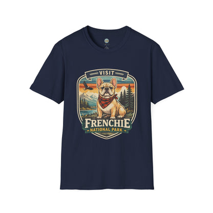 French Bulldog National Park T-Shirt | Vintage Badge Design with Mountains and Sunset for Dog Lovers | Gildan Softstyle 64000 Premium Tee