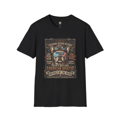Vintage Aviator Frenchie T-Shirt | Freedom French Bulldog Pilot with Goggles | Gildan Softstyle 64000 Premium Tee