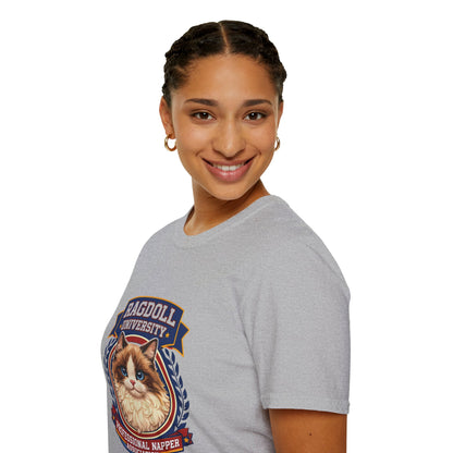 Ragdoll University T-Shirt | Vintage College Crest Style | Gildan Softstyle 64000 Premium Tee for Cat Moms and Dads