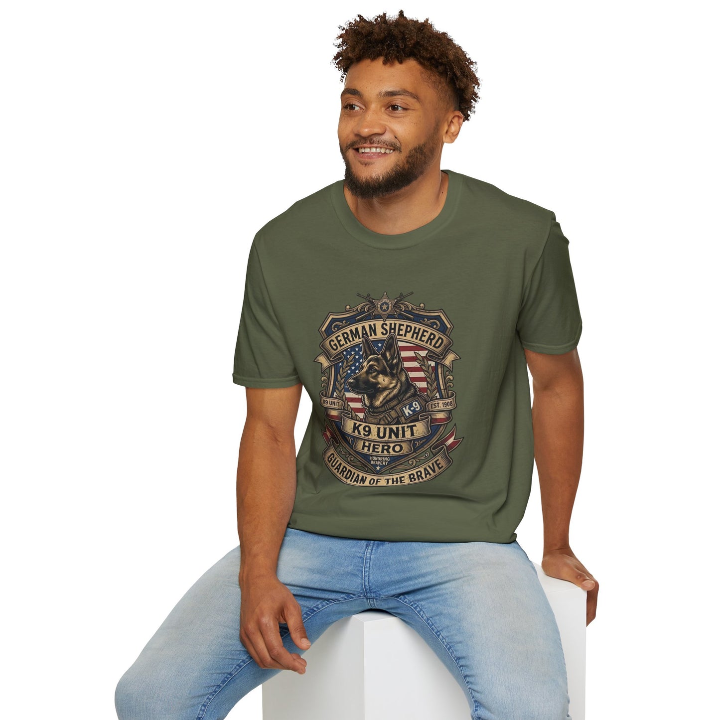 German Shepherd T-Shirt | K9 Unit Est. 1908 - Hero Police Dog Design for GSD Lovers | Gildan Softstyle 64000 Premium Tee