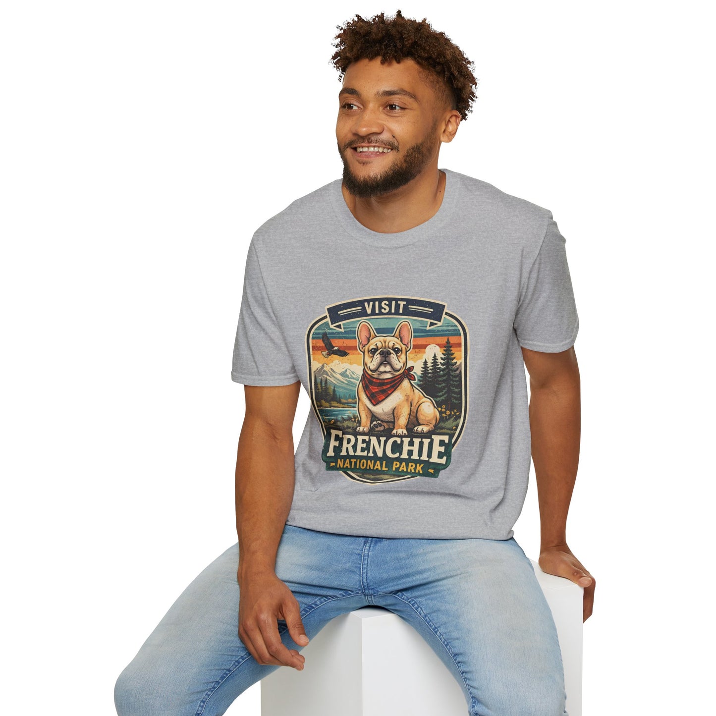 French Bulldog National Park T-Shirt | Vintage Badge Design with Mountains and Sunset for Dog Lovers | Gildan Softstyle 64000 Premium Tee