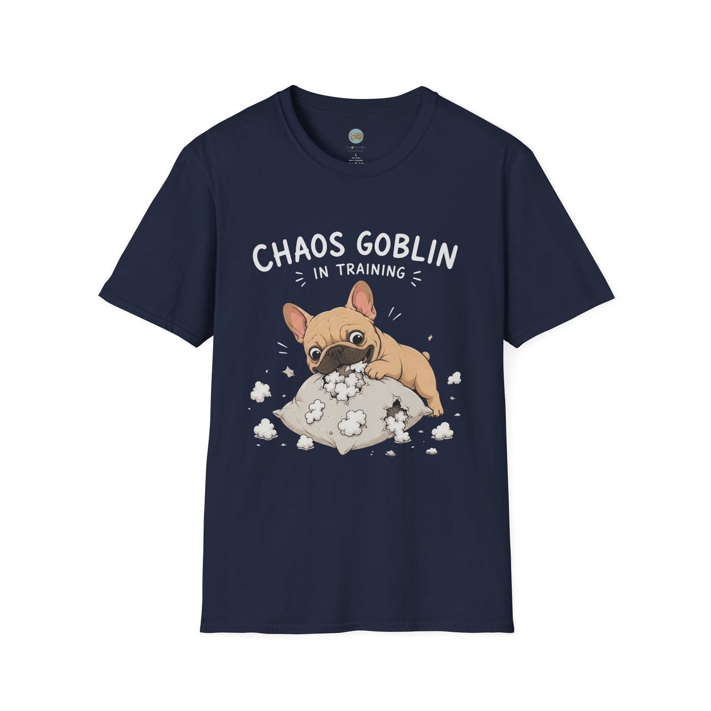 Chaos Goblin In Training T-Shirt | French Bulldog Destroying Pillow | Gildan Softstyle 64000