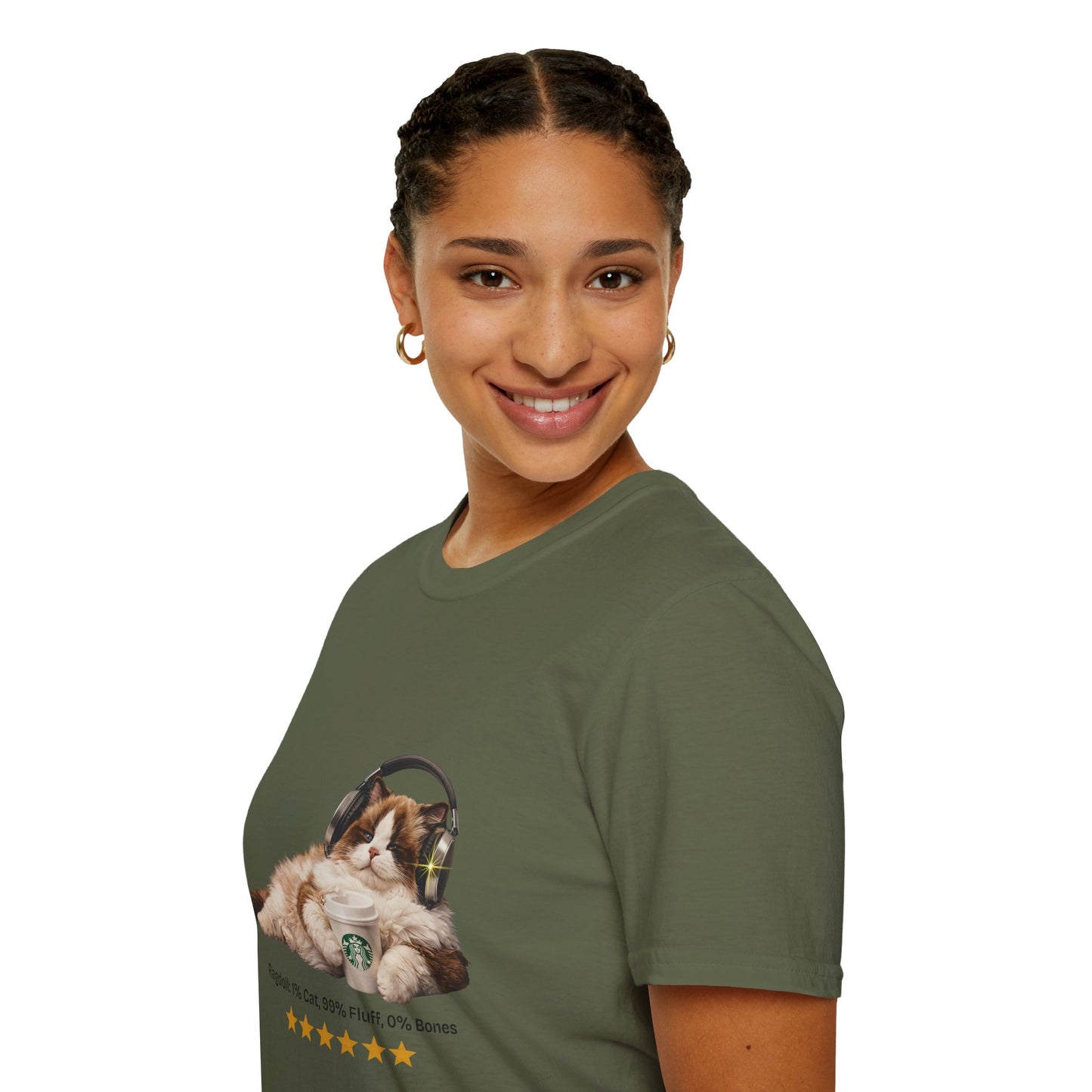 Cat Coffee Review T-Shirt — Relaxed Cat with Headphones & 5-Star Latte Tee | Gildan Softstyle 64000 Premium Tee