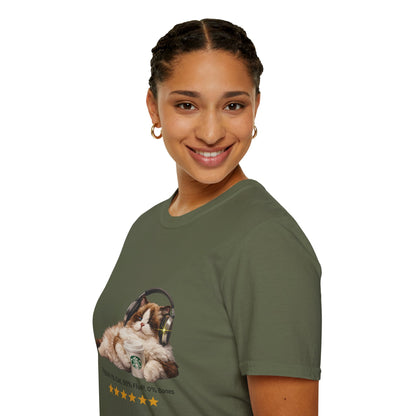 Cat Coffee Review T-Shirt — Relaxed Cat with Headphones & 5-Star Latte Tee | Gildan Softstyle 64000 Premium Tee