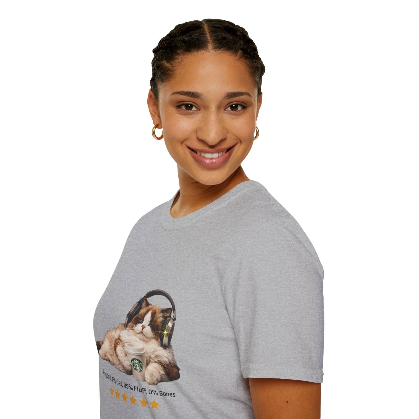 Cat Coffee Review T-Shirt — Relaxed Cat with Headphones & 5-Star Latte Tee | Gildan Softstyle 64000 Premium Tee