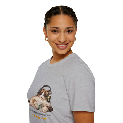 Cat Coffee Review T-Shirt — Relaxed Cat with Headphones & 5-Star Latte Tee | Gildan Softstyle 64000 Premium Tee