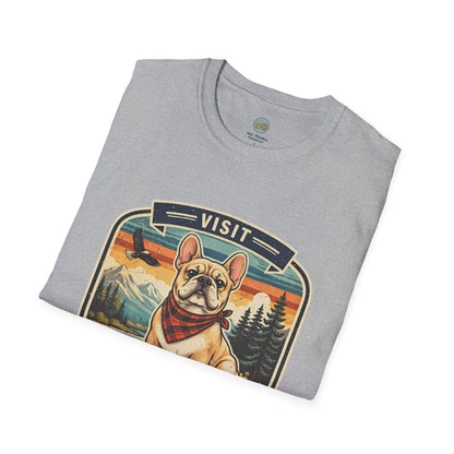 French Bulldog National Park T-Shirt | Vintage Badge Design with Mountains and Sunset for Dog Lovers | Gildan Softstyle 64000 Premium Tee