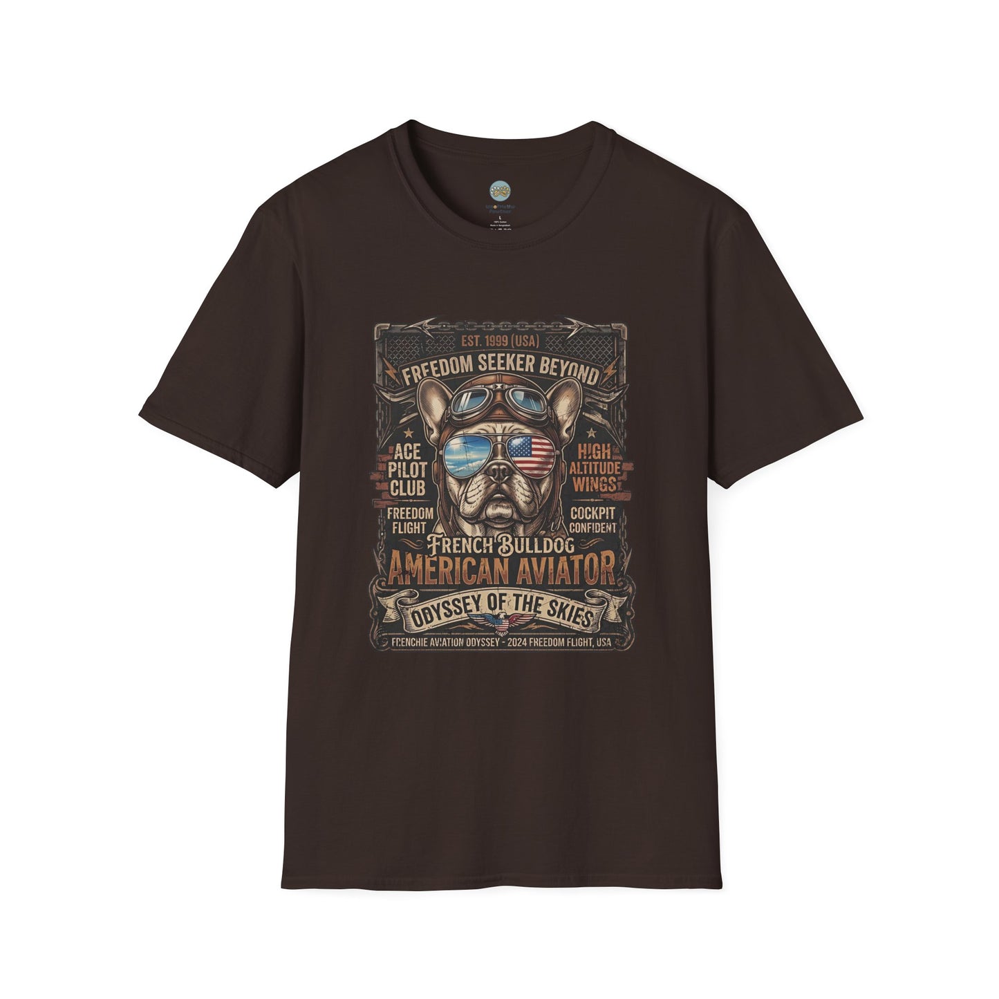 Vintage Aviator Frenchie T-Shirt | Freedom French Bulldog Pilot with Goggles | Gildan Softstyle 64000 Premium Tee