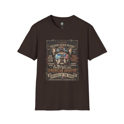 Vintage Aviator Frenchie T-Shirt | Freedom French Bulldog Pilot with Goggles | Gildan Softstyle 64000 Premium Tee