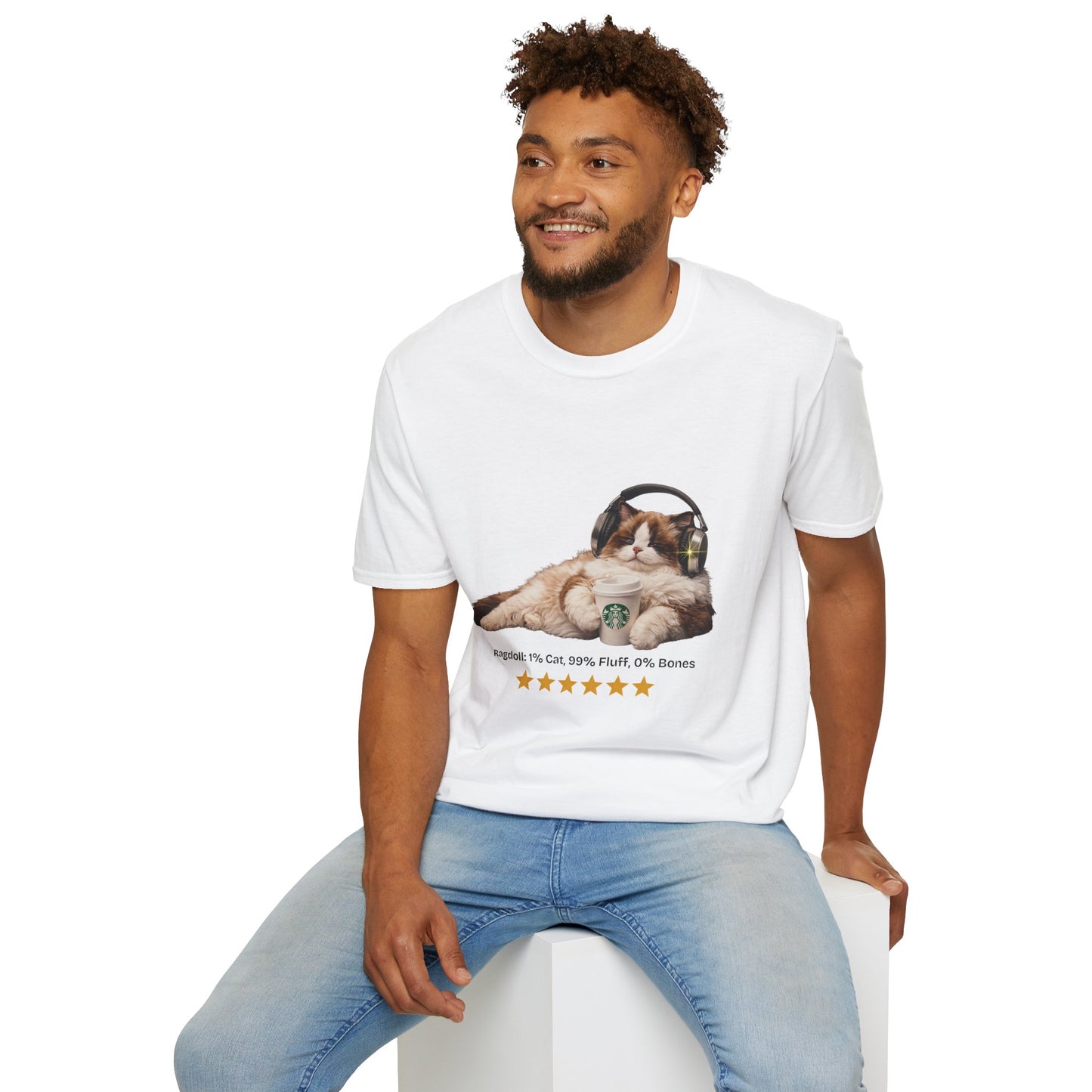 Cat Coffee Review T-Shirt — Relaxed Cat with Headphones & 5-Star Latte Tee | Gildan Softstyle 64000 Premium Tee