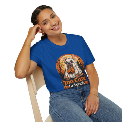 French Bulldog - Too Cute To Spook Halloween T-Shirt | Frenchie in Ghost Costume | Gildan Softstyle 64000 Premium Tee