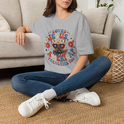 Loves Jesus America and Frenchie Too T-Shirt | French Bulldog Dog Mom Design | Gildan Softstyle 64000