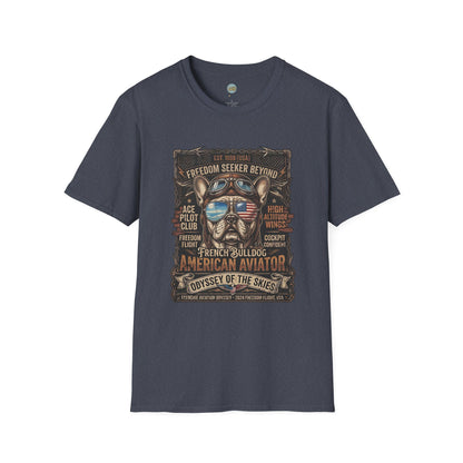 Vintage Aviator Frenchie T-Shirt | Freedom French Bulldog Pilot with Goggles | Gildan Softstyle 64000 Premium Tee