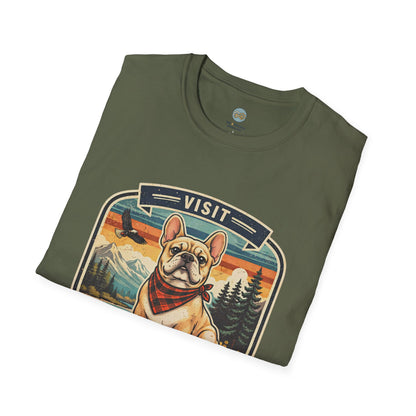 French Bulldog National Park T-Shirt | Vintage Badge Design with Mountains and Sunset for Dog Lovers | Gildan Softstyle 64000 Premium Tee