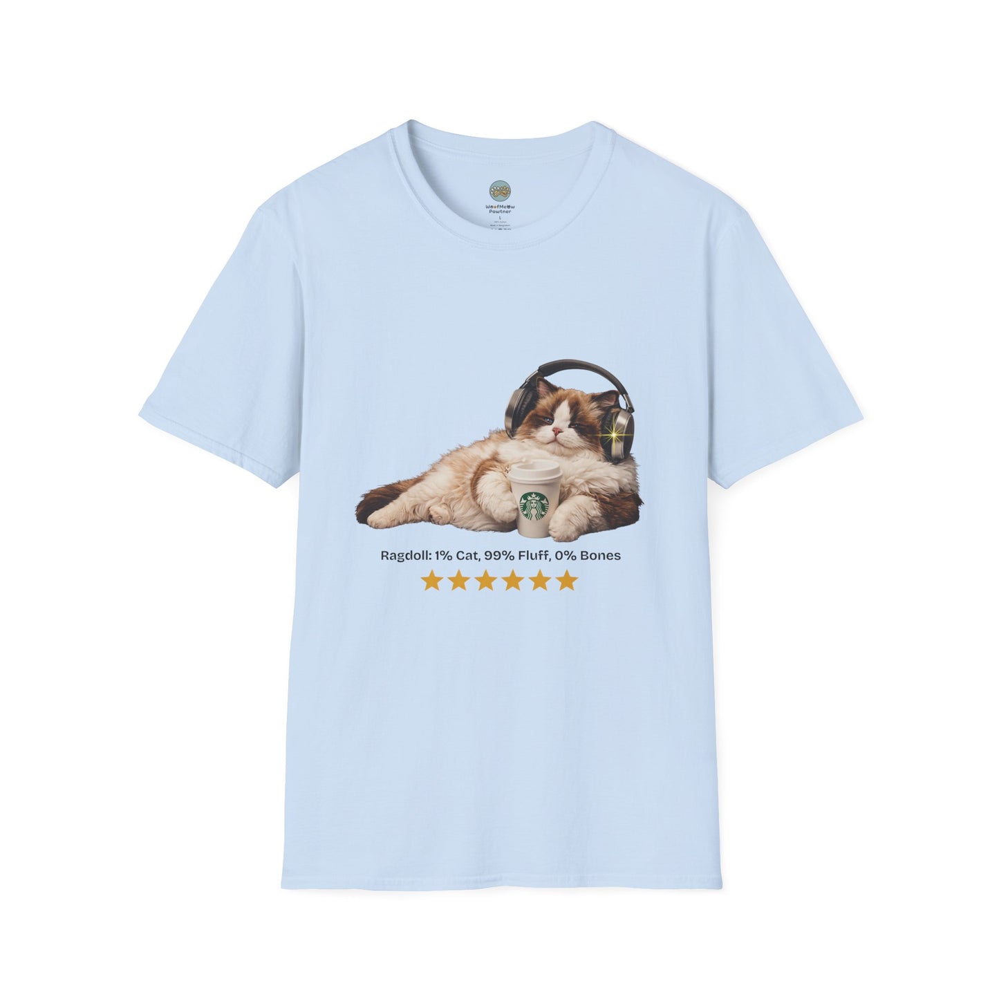 Cat Coffee Review T-Shirt — Relaxed Cat with Headphones & 5-Star Latte Tee | Gildan Softstyle 64000 Premium Tee