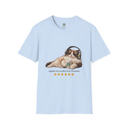 Cat Coffee Review T-Shirt — Relaxed Cat with Headphones & 5-Star Latte Tee | Gildan Softstyle 64000 Premium Tee