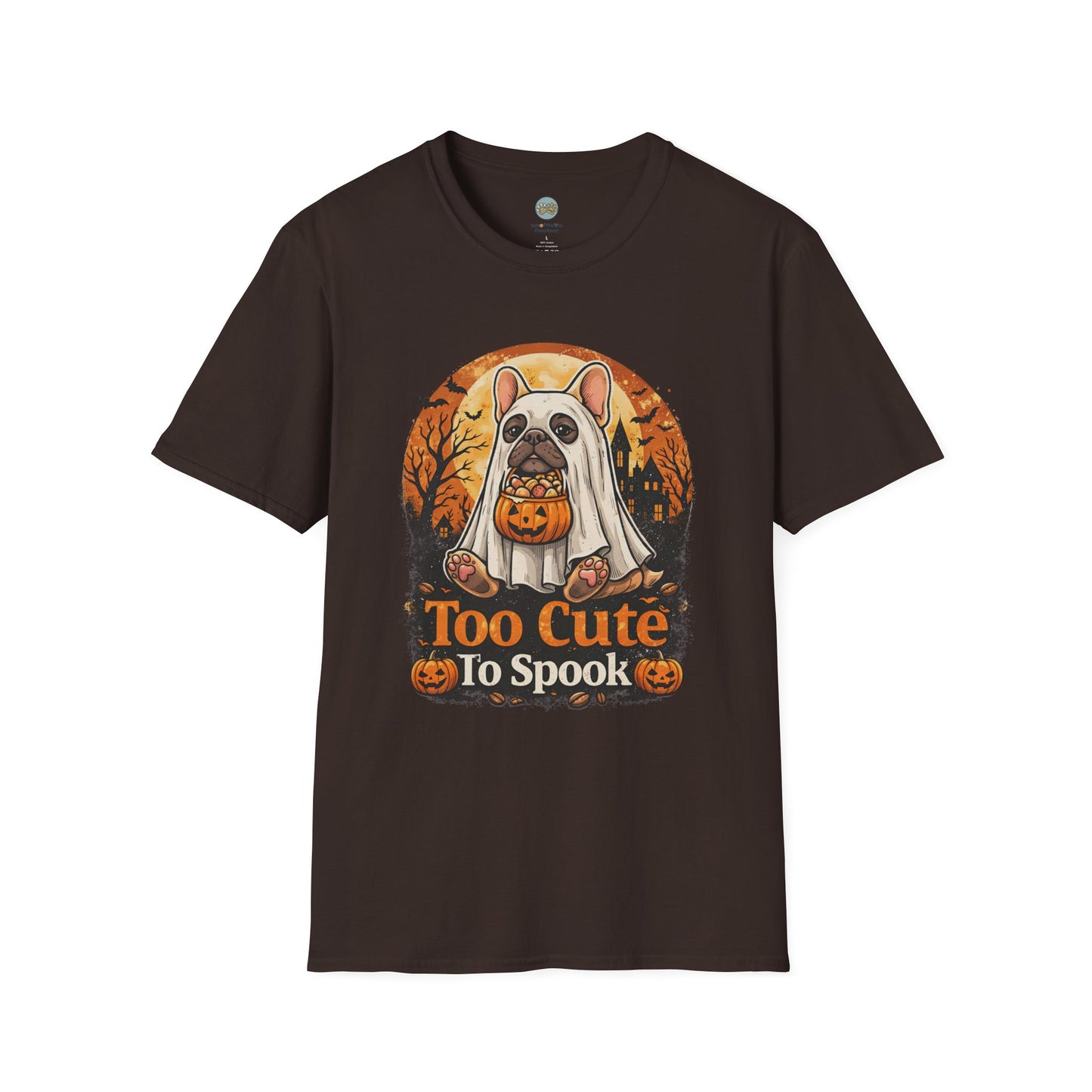 French Bulldog - Too Cute To Spook Halloween T-Shirt | Frenchie in Ghost Costume | Gildan Softstyle 64000 Premium Tee