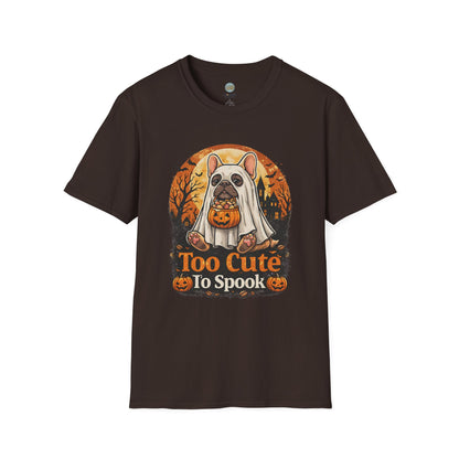French Bulldog - Too Cute To Spook Halloween T-Shirt | Frenchie in Ghost Costume | Gildan Softstyle 64000 Premium Tee