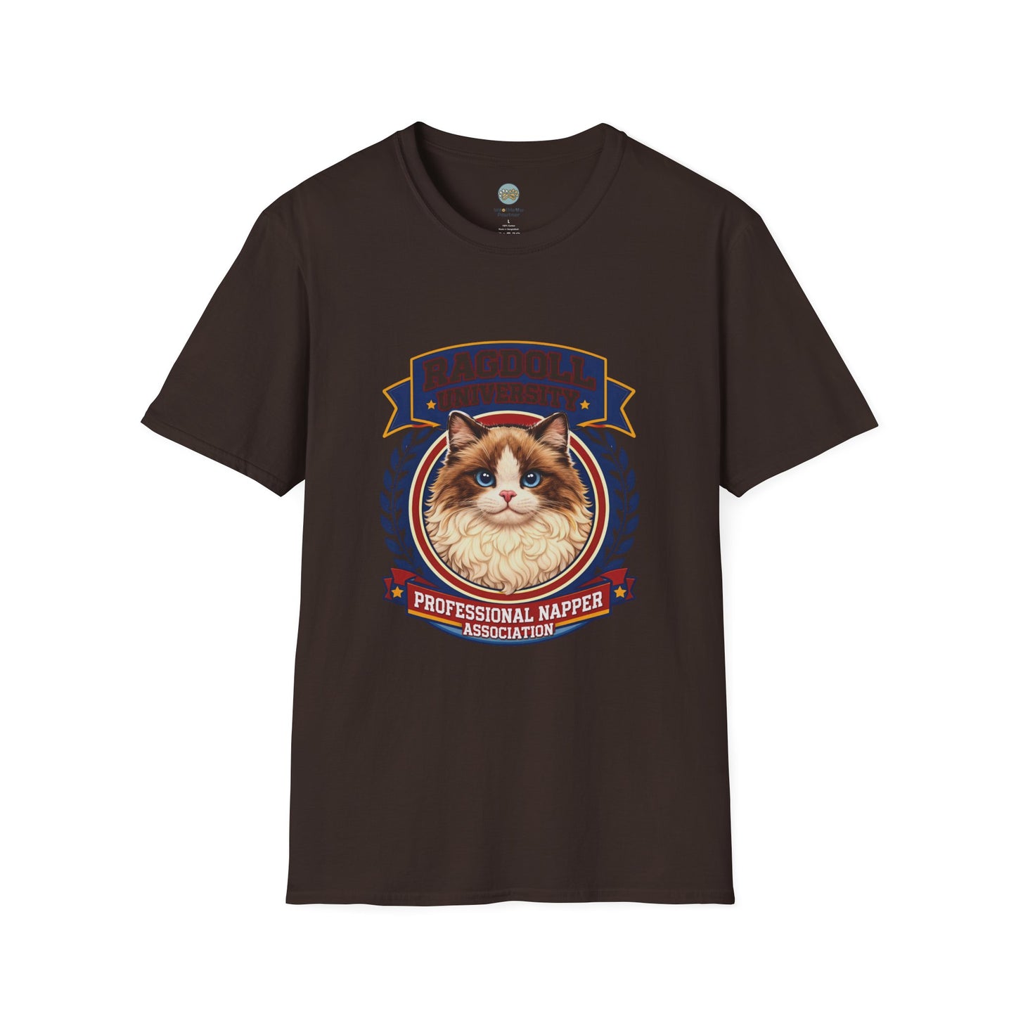 Ragdoll University T-Shirt | Vintage College Crest Style | Gildan Softstyle 64000 Premium Tee for Cat Moms and Dads