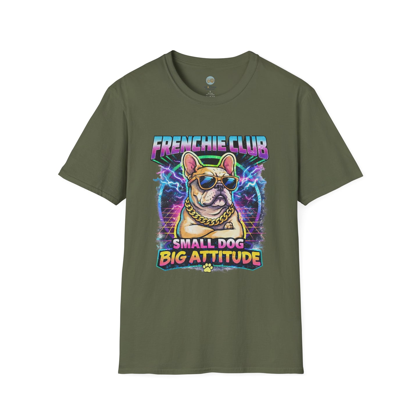 Frenchie Club T-Shirt | “Small Dog Big Attitude” Retro Neon French Bulldog Tee | Gildan Softstyle 64000 Premium Tee