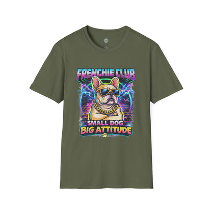Frenchie Club T-Shirt | “Small Dog Big Attitude” Retro Neon French Bulldog Tee | Gildan Softstyle 64000 Premium Tee