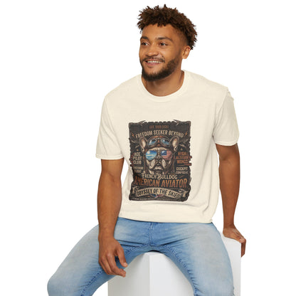 Vintage Aviator Frenchie T-Shirt | Freedom French Bulldog Pilot with Goggles | Gildan Softstyle 64000 Premium Tee