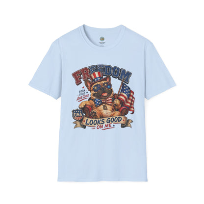 French Bulldog 4th of July Shirt | Freedom Looks Good On Me | Frenchie with American Flag for Dog Lovers | Gildan Softstyle 64000